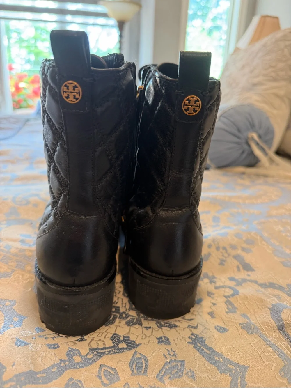 Tory Burch Black Quilted Lace-Up Ankle Boots with Gold Eyelets